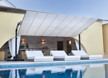 Load image into Gallery viewer, FIM Flexy Awning Silver powder-coated aluminum structure, canopy size 10 ft. deep and 16 ft. wide