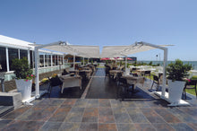 Load image into Gallery viewer, FIM Flexy Awning Silver powder-coated aluminum structure, canopy size 10 ft. deep and 12 ft. wide