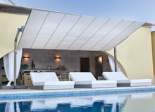 Load image into Gallery viewer, FIM Flexy Awning Silver powder-coated aluminum structure, canopy size 8 ft. deep and 14 ft. wide