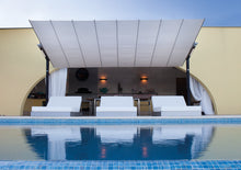 Load image into Gallery viewer, FIM Flexy Awning Silver powder-coated aluminum structure, canopy size 8 ft. deep and 16 ft. wide